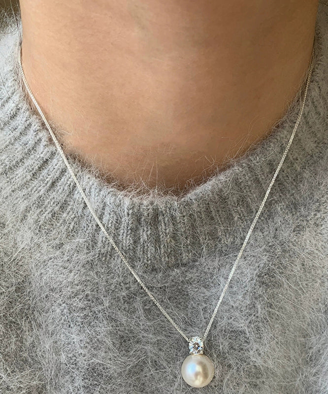 Original Design White Sterling Silver Zircon Pearl Sweater Pendant Necklace