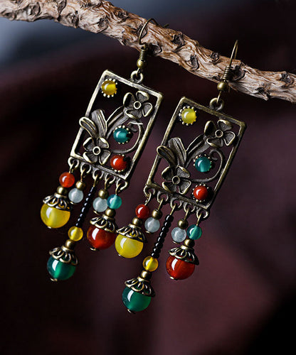 Multi Color Agate Metal Copper Tassel Drop Earrings