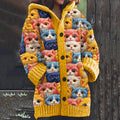 Vintage Cozy Family Cat Art Women's Hooded Sweater Cardigan elevenforest