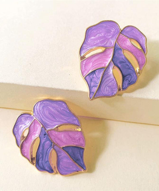 New Purple Alloy Drip Glaze Leaf Earrings for