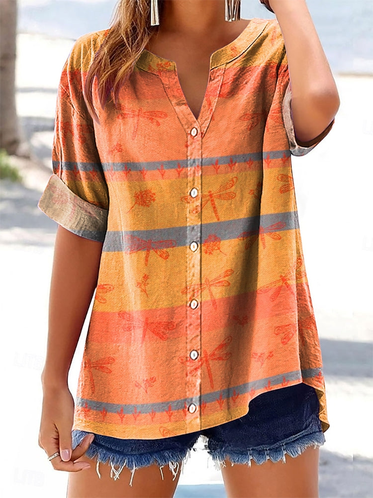 Women's Dragonfly Art Print Short Sleeve Cotton and Linen Shirt