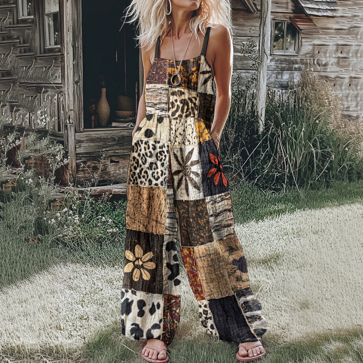 Women's Floral Patchwork Linen Print Linen Retro Jumpsuit artswardrobe