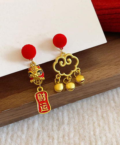 Red Sterling Silver Overgild Asymmetric Lion Dance Auspicious Clouds Tassel Drop Earrings