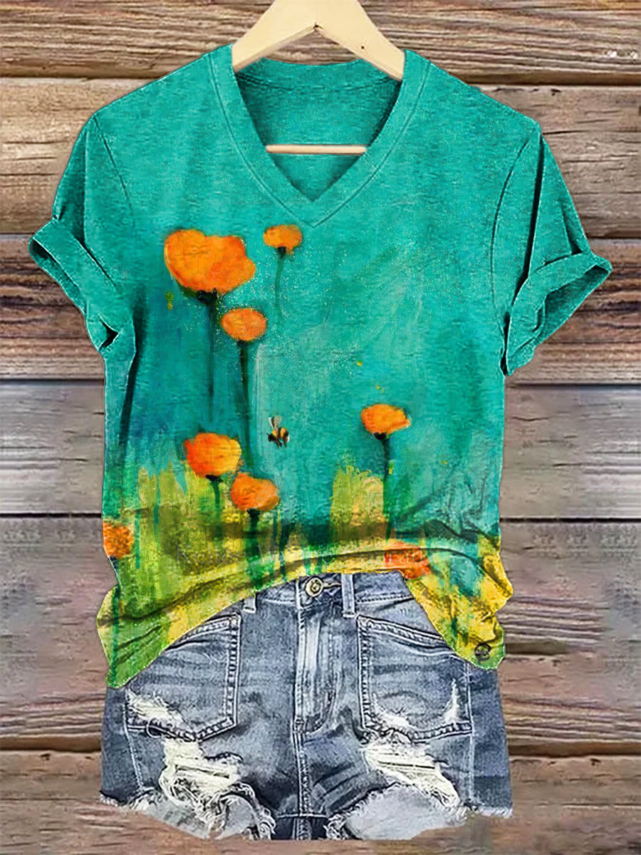 Women's Vintage Floral Art Print V-neck Casual T-Shirt-1