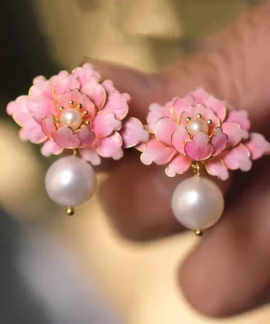 Pink Alloy Pearl Drip Glaze Peach Blossom Stud Earrings