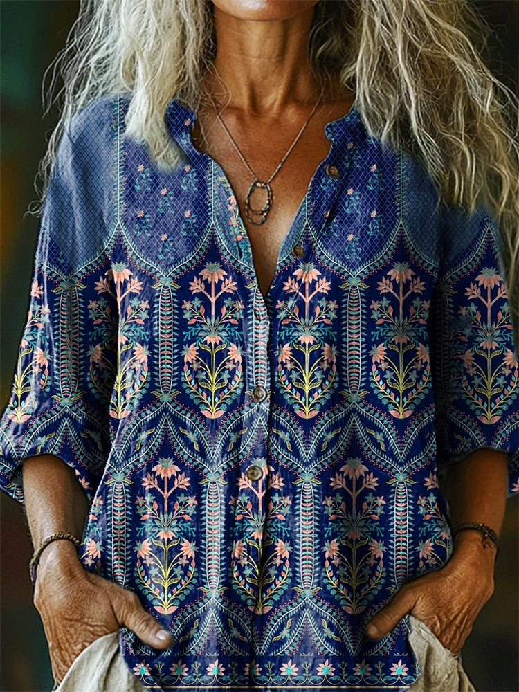Women's Vintage Ethnic Floral Tattoo Pattern Art Print Linen Cotton Ca