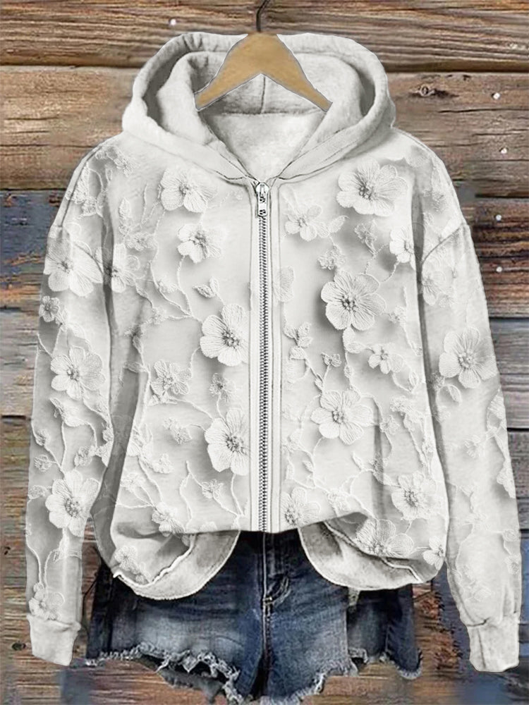 Comstylish 3d Floral Embroidered Lace Cozy Full Zip Hoodie