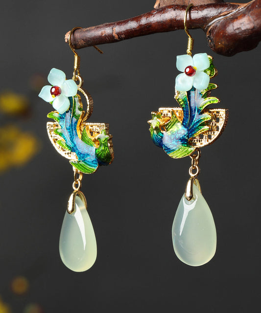 Green Jade Cloisonne Synthetic Flower Gem Stone Drip Drop Earrings