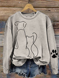 Cat & Dog Line Art Paw Print Comfy Sweatshirt elevenforest