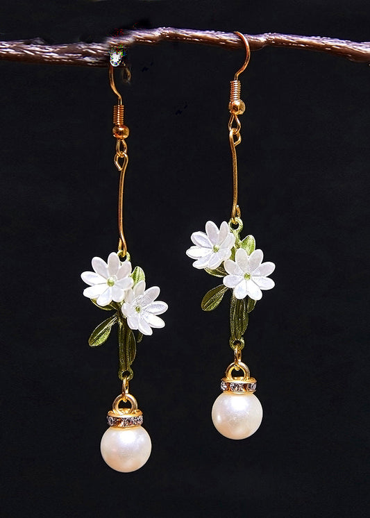 Diy White Pearl Chrysanthemum Drop Earrings