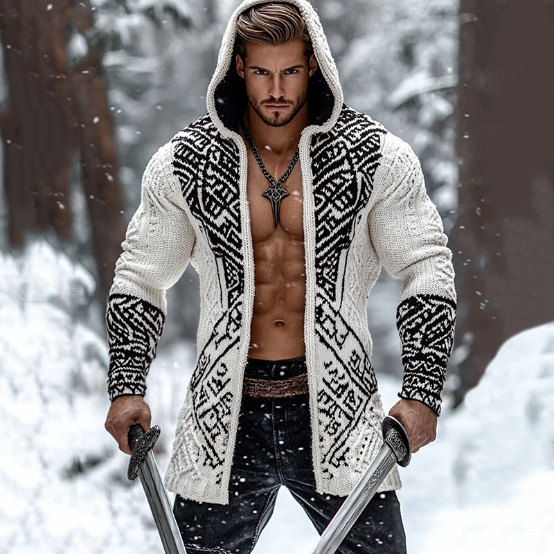 Men's Viking Geometry Pattern Jacquard Cozy Cardigan Sweater artswardrobe