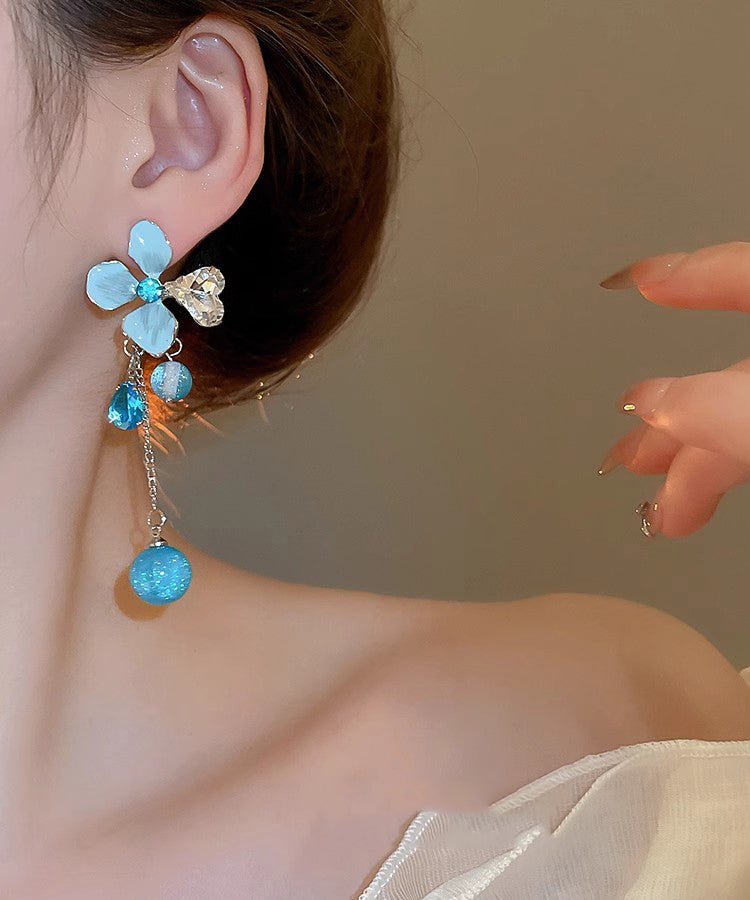 Blue Srerling Silver Alloy Zircon Resin Tassel Drop Earrings