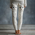 Women's Cute Cat Face Embroidered Cozy Knit Leggings elevenforest