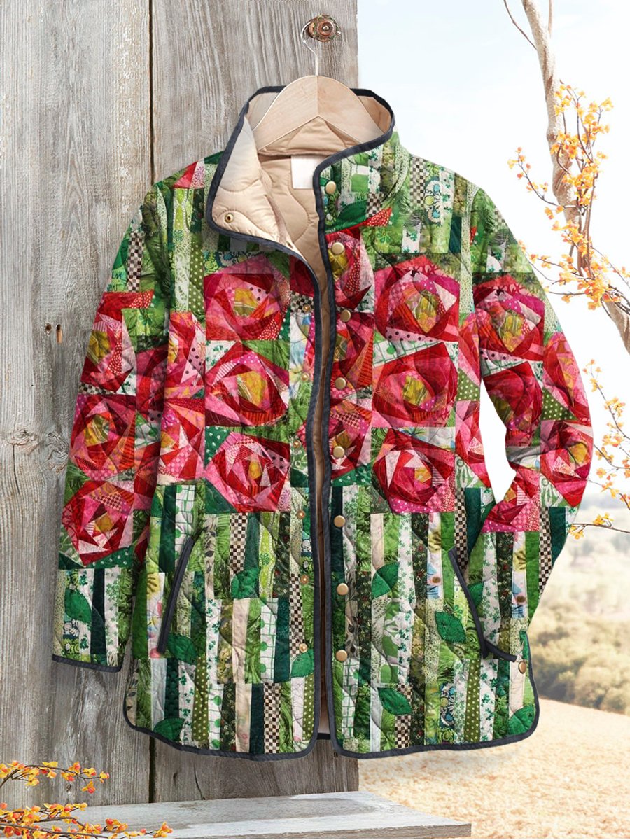 Women's Retro Floral Art Print Casual Quilted Cardigan
