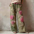 Vintage Floral Embroidered Art Print Straight Leg Linen Blend Pants artswardrobe