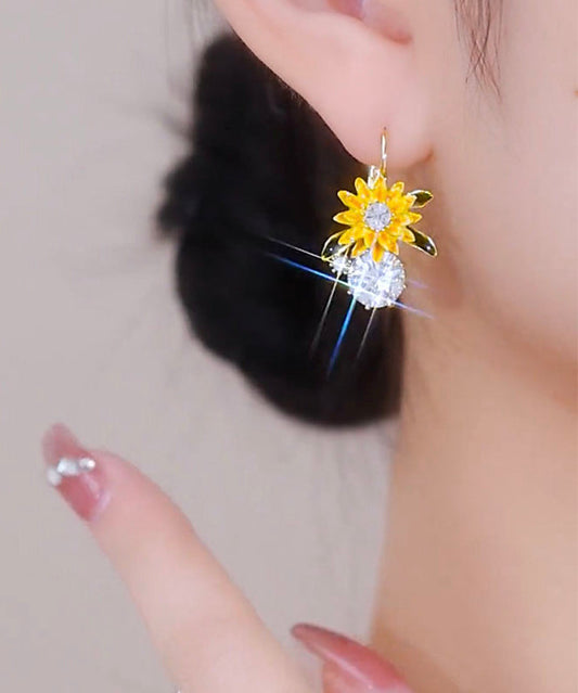 Gold Copper Overgild Zircon Sunflower Drop Earrings