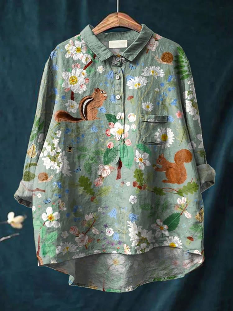 Women's Vintage Lovely Squirrel Floral Art Print Casual Cotton And Linen Shirt