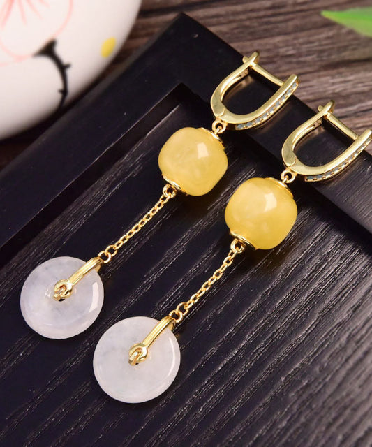 Yellow Sterling Silver Overgild Jade Beeswax Drop Earrings