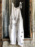 Comstylish Lazy Cat & Paw Prints Embroidered Linen Blend Jumpsuit