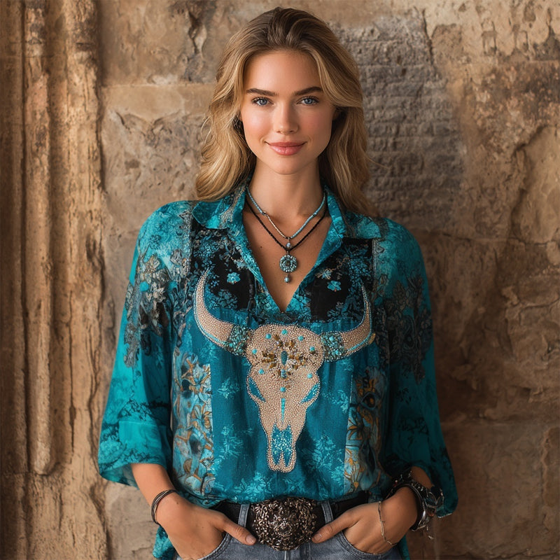 Comstylish Western Bull Skull Embroidered Floral Turquoise Linen Tunic
