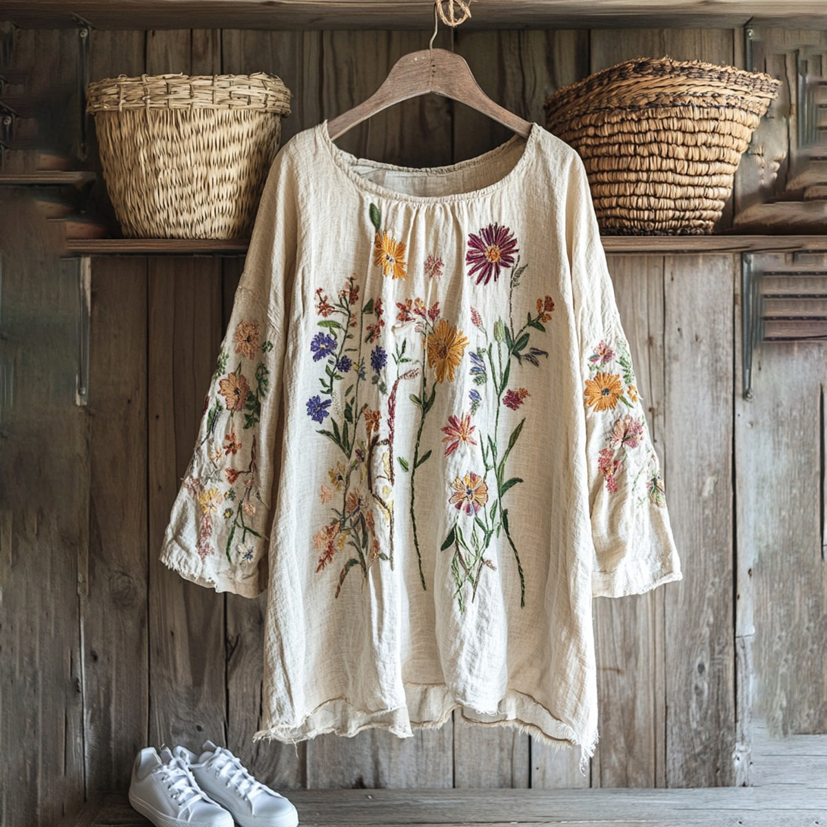 Comstylish Vintage Floral Embroidery Art Graphics Linen Blend Tunic