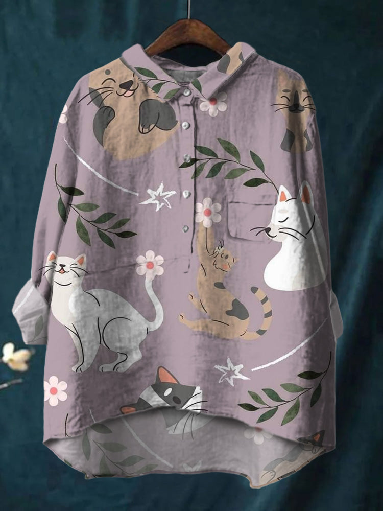 Cartoon Cute Kitten Leaves Printed Cotton And Linen Shirt