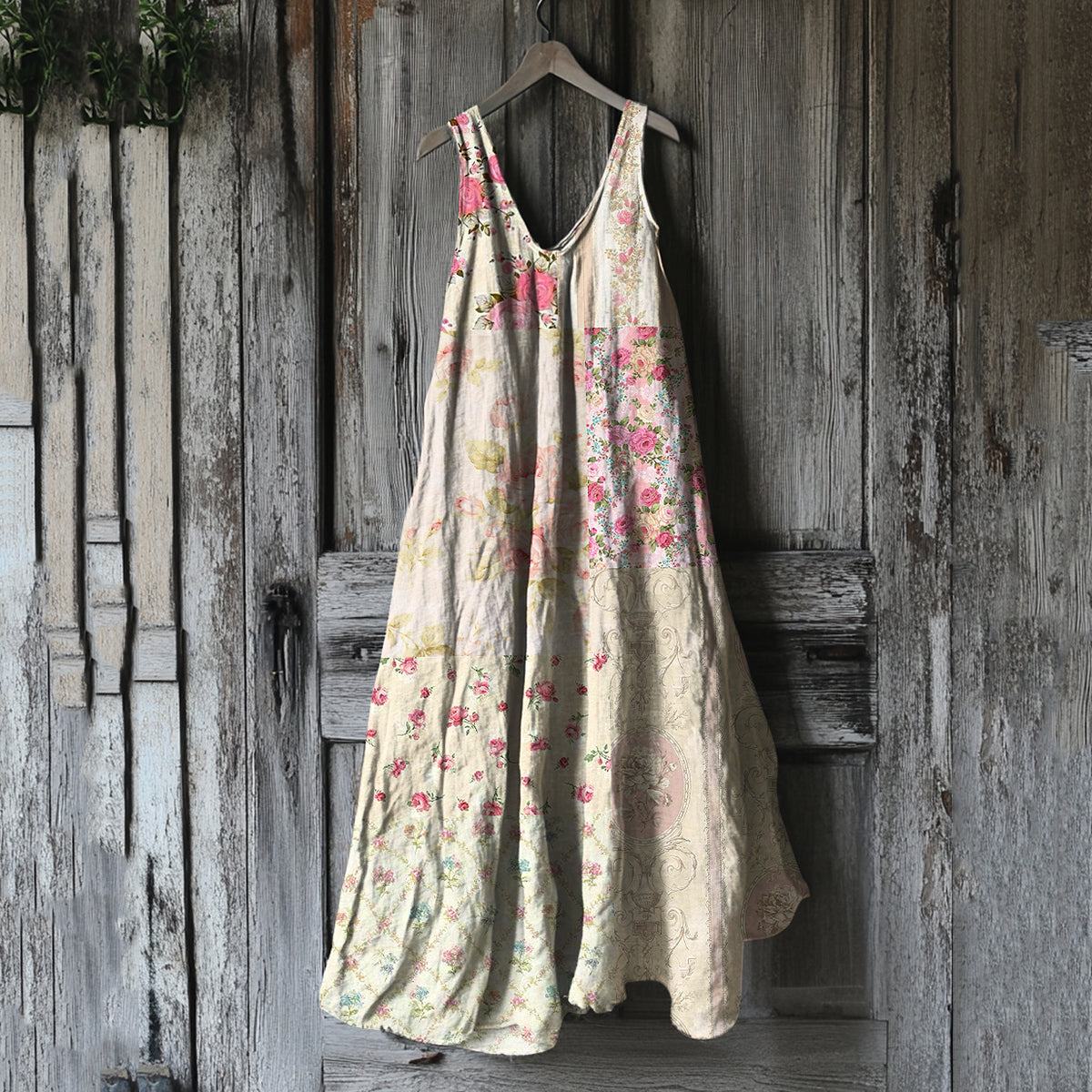 Vintage Patchwork Floral Art Linen Tank Dress artswardrobe