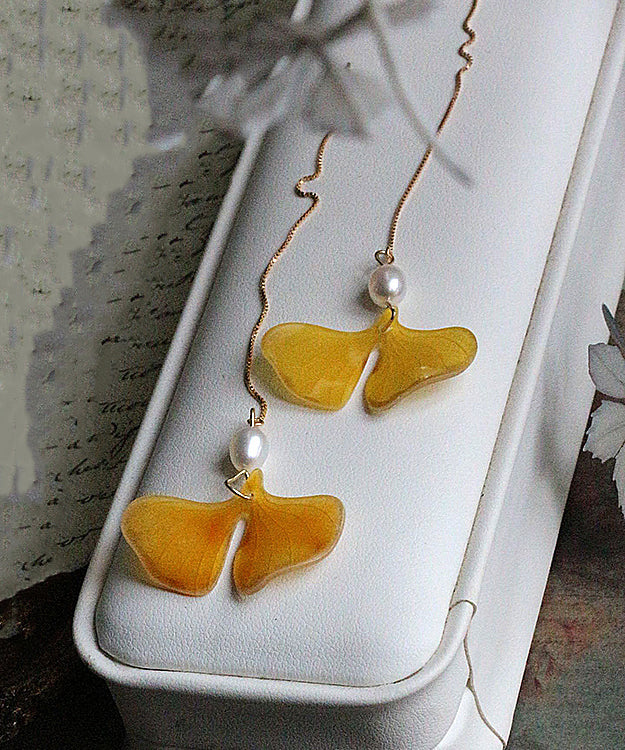 Stylish Yellow 14k Gold Pearl Ginkgo Leaf Tassel Drop Earrings