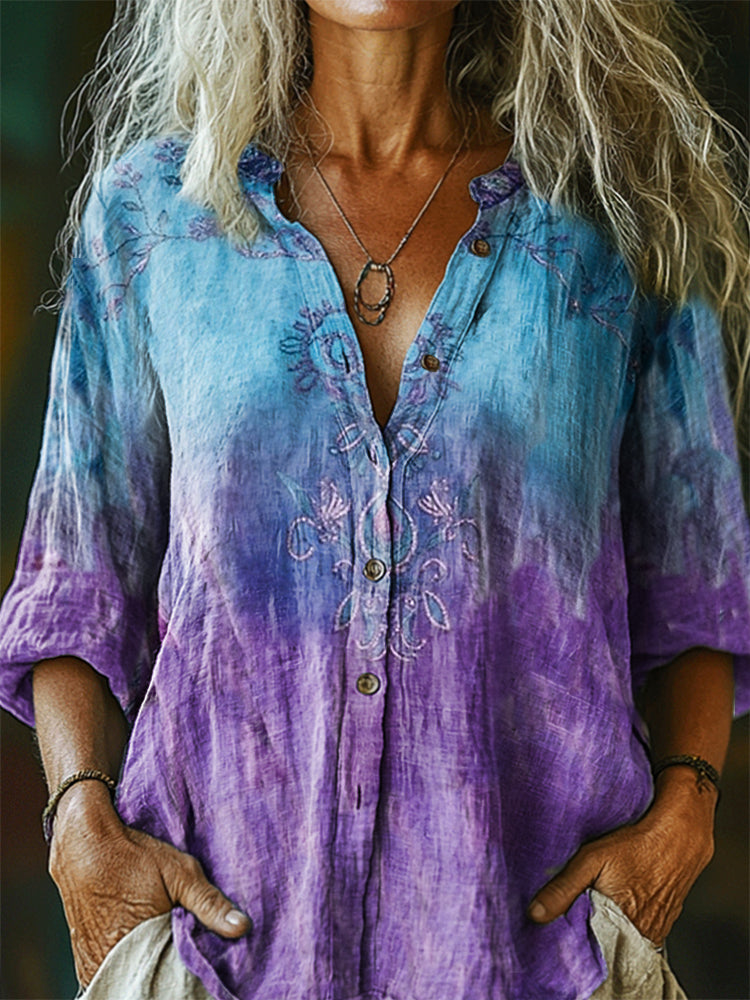 Women's Floral Pattern Art Print Casual Cotton Linen Shirt