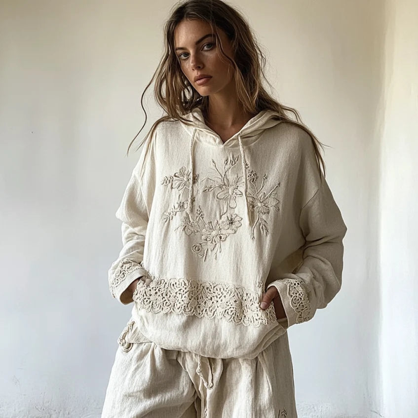 Comstylish Vintage Floral Lace Patchwork Art Casual Hoodie