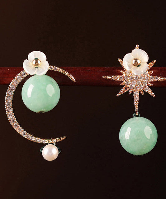 Light Green Sterling Silver Zircon Shell Flower Pearl Hoop Earrings