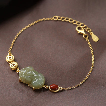 Buddha Stones Cyan Jade Pixiu Copper Coin Red Agate Success Chain Bracelet