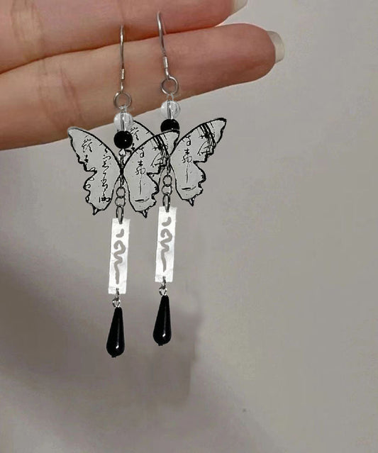 Retro Ink and Wash Butterfly Tassel Water Drop Drop Earrings
