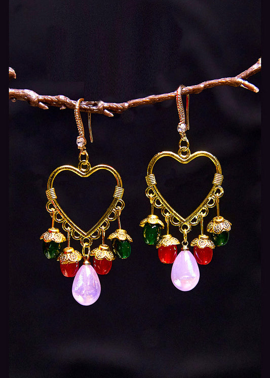 Multicolour Beads Heart-shaped Tassels Drop Earrings