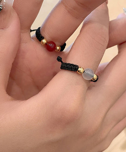 Handmade Black Weave Crystal Agate Copper Coin Rings Three-piece Set