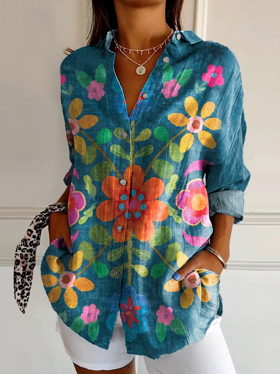 Women's Bohemian Floral Art Print Casual Cotton Long Seeve Shirt