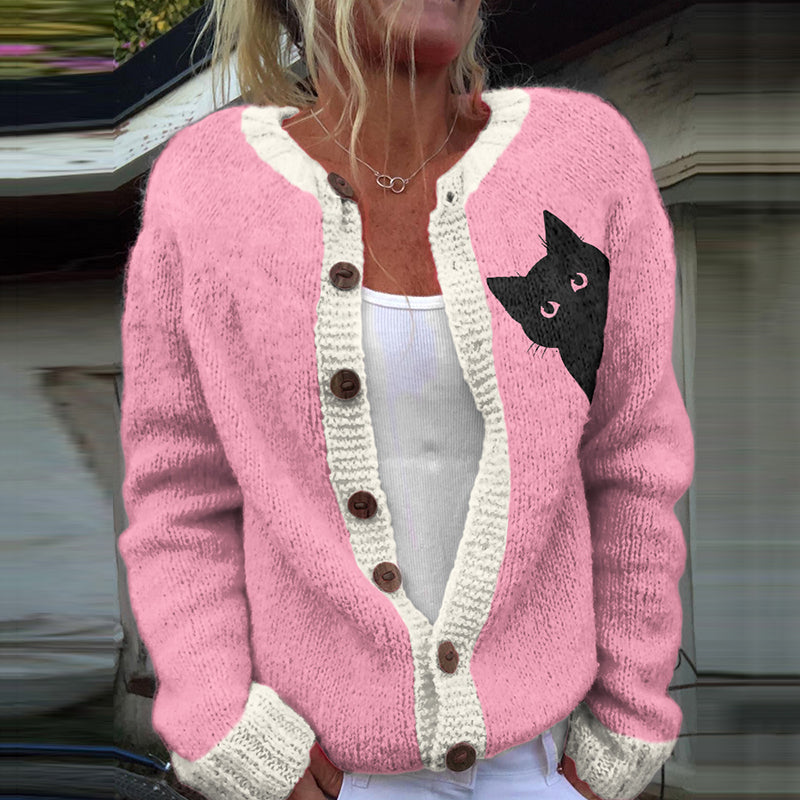 Vintage Peek-A-Boo Hiding Black Cat Printed Comfortable Sweater Knit Cardigan elevenforest