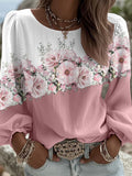 Comstylish Women's Floral Print Round Neck Long Sleeve Linen Blend Shirt
