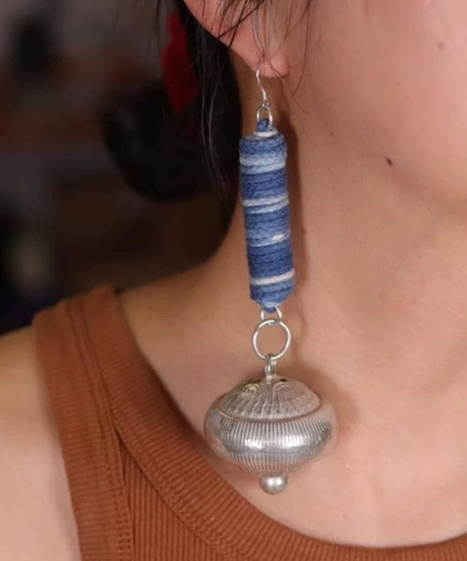 Blue Sterling Silver Tie Dye Cylinder Small Bell Drop Earrings