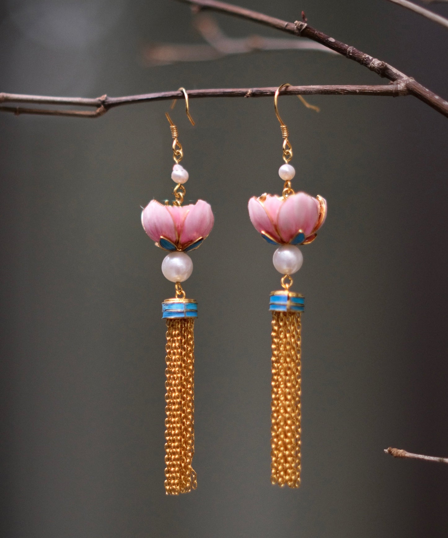 Pink Sterling Silver Overgild Feathers Inlaid Lotus Drop Earrings