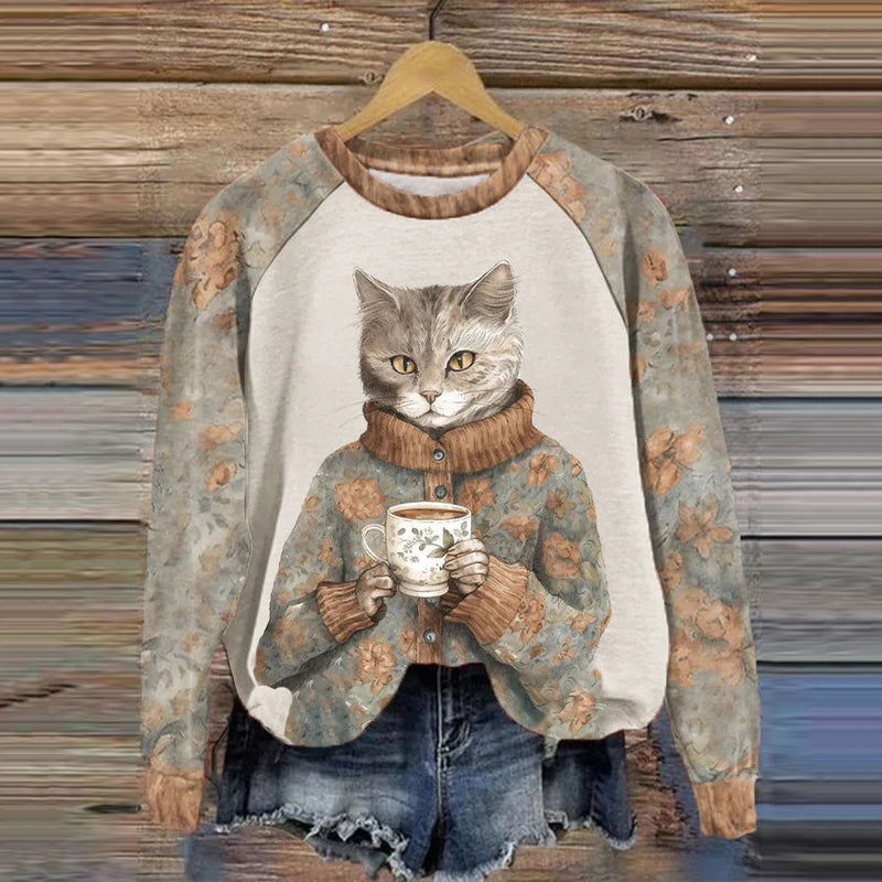 Winter Funny Cute Wonderland Clothing Floral Cat Printed Casual Sweatshirt elevenforest