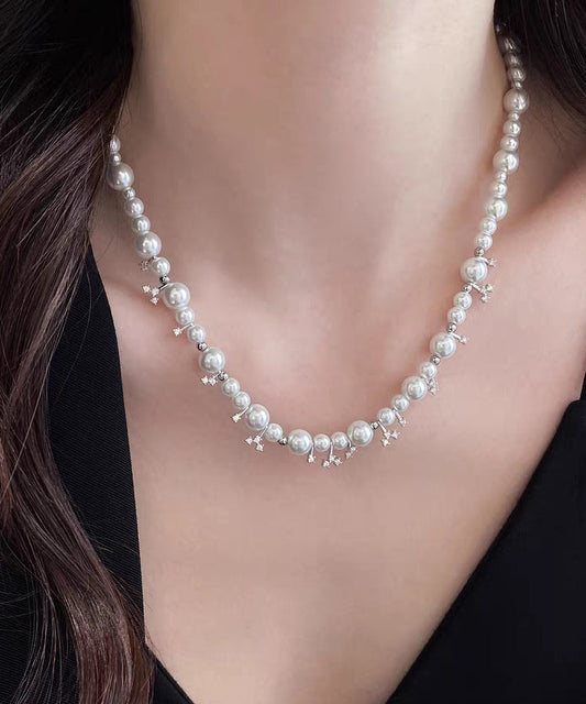 White Alloy Zircon Pearl Beading Gratuated Bead Necklace