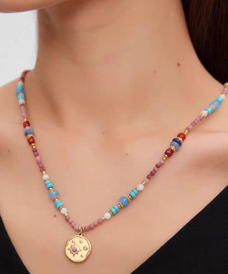 Red Stainless Steel Turquoise Rhodochrosite Pendant Necklace
