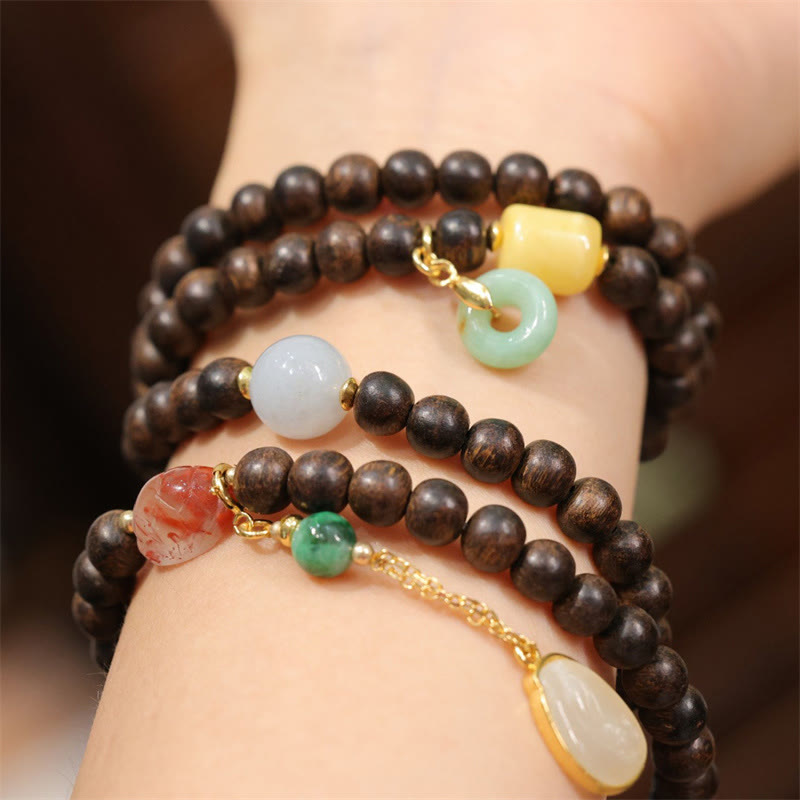 108 Agarwood Amber Red Agate Peace Buckle Jade Wood Mala Bracelet