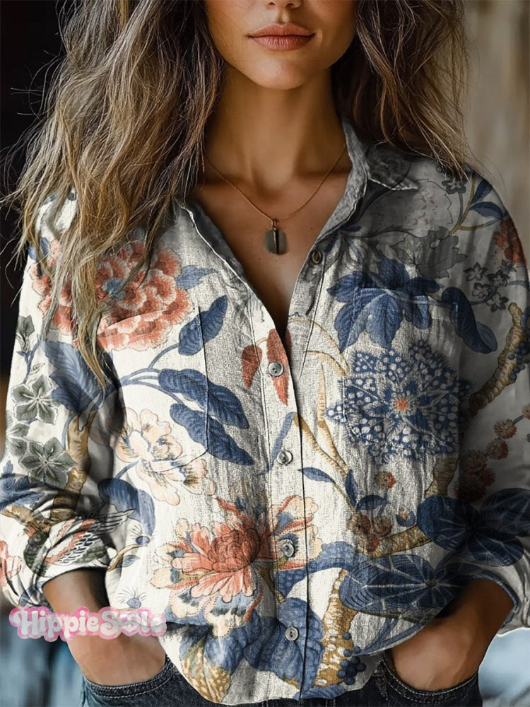 Women's Retro Floral Print Casual Long Sleeve Comfortable Cotton Shirt