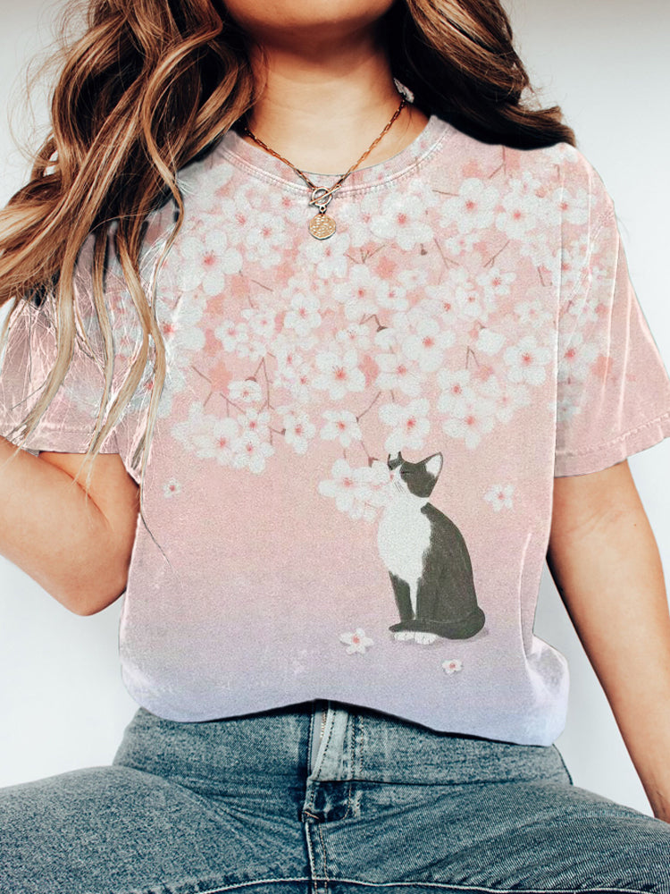 Cat & Sakura Japanese Print Short Sleeve T-Shirt elevenforest