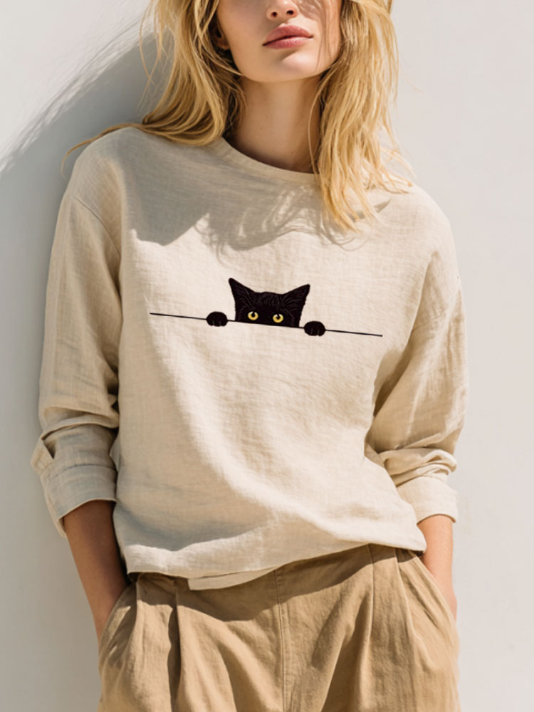 Women's Casual Funny Black Cat Print T-shirt elevenforest
