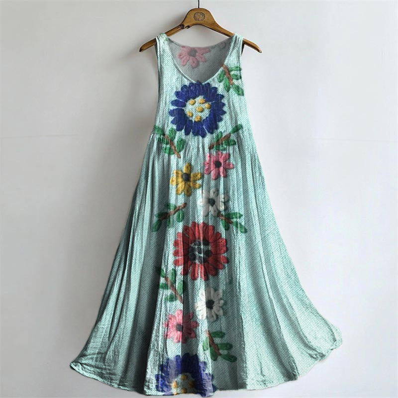 Women's Bohemian Floral Art Print Crew Neck Sleeveless Cotton Pocket D