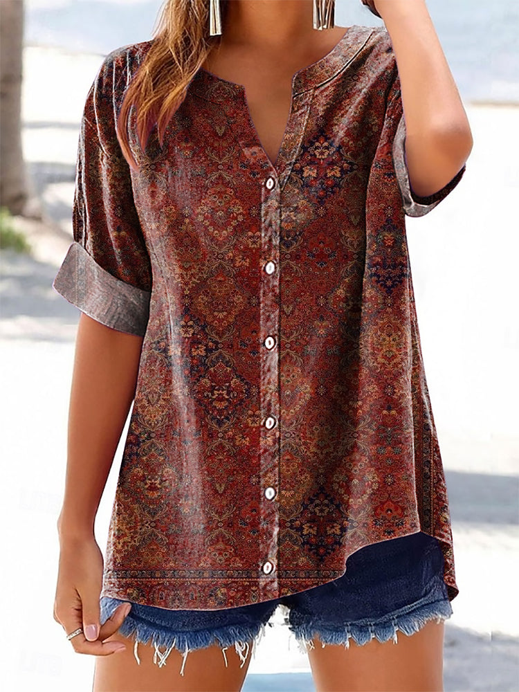 Women's Vintage Ethnic Floral Art Print Casual Cotton And Linen Shirt