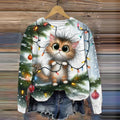 Christmas Cat Print Crew Neck Casual Sweatshirt elevenforest